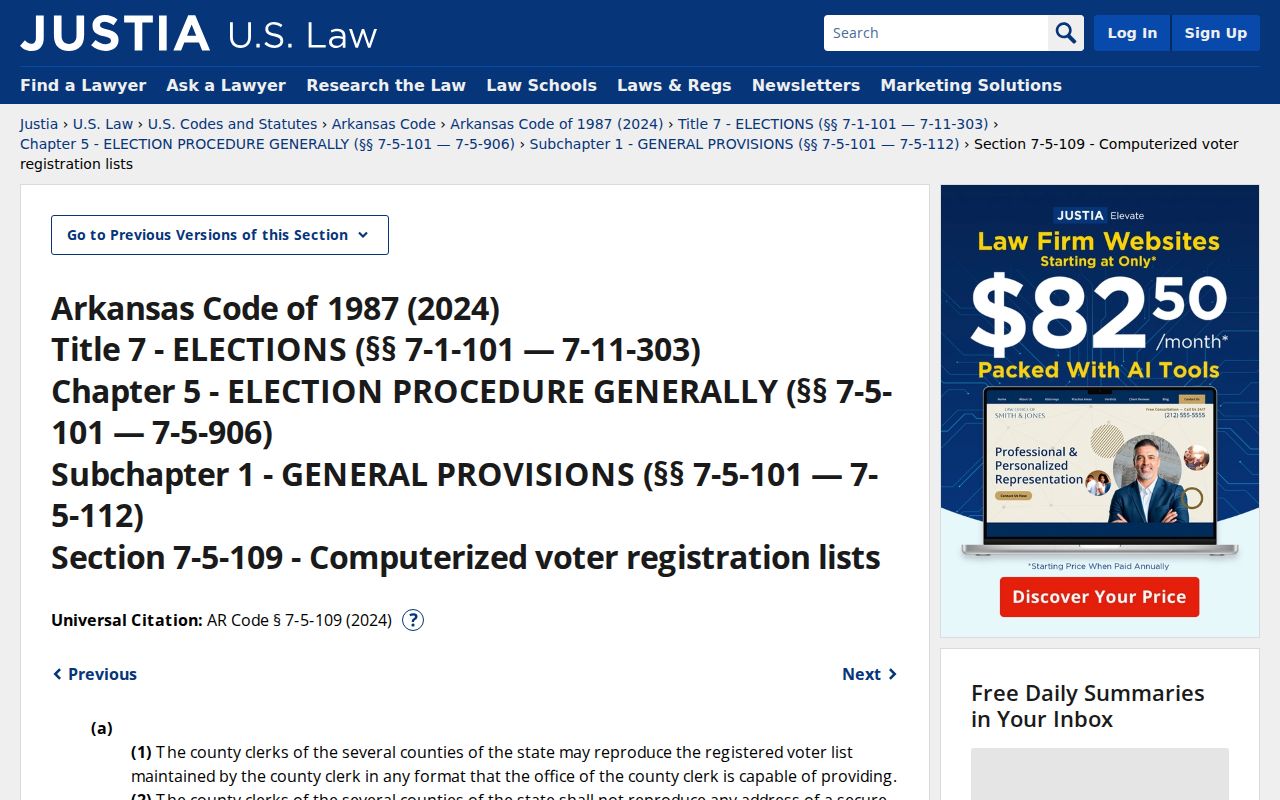 Bryant voter registration records statute Ark. Code Ann. 7-5-109